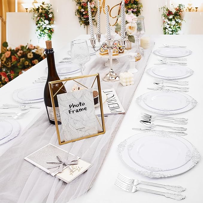 102PCS White and Silver Plastic Plates - Heavyweight Silver Plate - Wedding Plate with Silver Rim - Fancy Dinner & Dessert Plates for 51 Guests Weddings & Parties (Pack of 2)