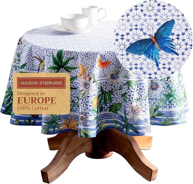 Maison d' Hermine Table Cloth Round Table 100% Cotton 63 Round Inches Tablecloth Reusable Decorative for Dining Kitchen Room Farmhouse Party Home Hotel Restaurant Spring Summer - Passiflora