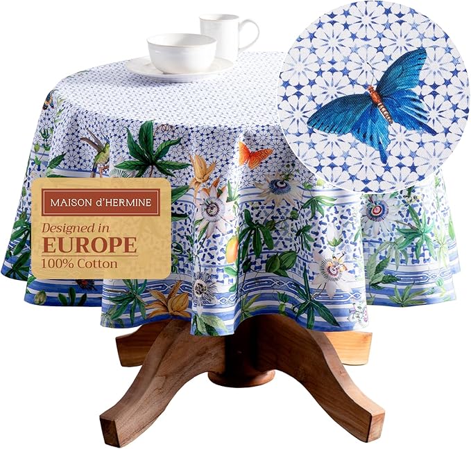 Maison d' Hermine Table Cloth Round Table 100% Cotton 69 Round Inches Tablecloth Reusable Decorative for Dining Kitchen Room Farmhouse Party Home Hotel Restaurant Spring Summer - Passiflora