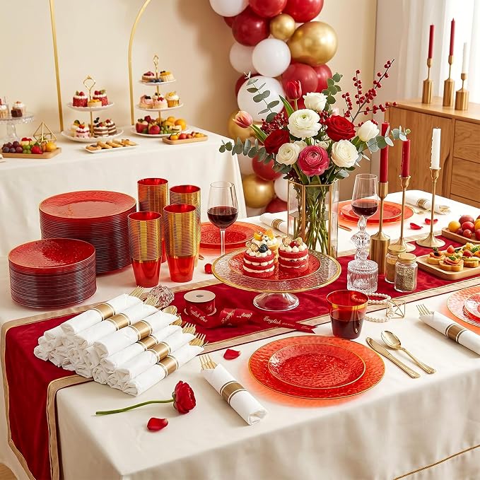 Rubtlamp 700Pcs Red Gold Plastic Dinnerware Set, Hammered Red Gold Plates, Fancy Plastic Plates Include 100 Dinner Platos, 100 Salad Platos, 100 Cups,100 Pack Pre Rolled gold plastic Silverware