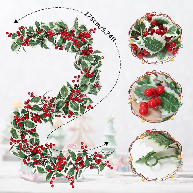 Zerzsy 2 Pack Artificial Red Garland,Eucalyptus Garland Green Leaves with Red Berry,Faux Hanging Garland Vine Plants Decorations for Table, Mantle, Staires, Wall, Indoor/Outdoor(2pcs-Red)