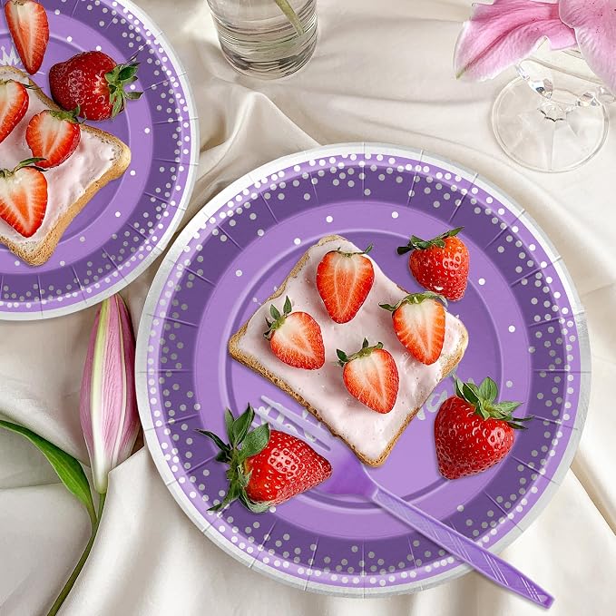 168 Pieces Purple Silver Birthday Plates and cups and Napkins Party Supplies Set,Disposable Spoons Knifes Forks Birthday Favors Set,Serves 24