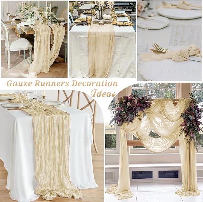 10 Pcs Ivory Cheesecloth Table Runner 10FT, Gauze Table Runner for Wedding Reception Sheer Bridal Shower Birthday Party Boho Table Decoration, Rustic Romantic Wedding Runner