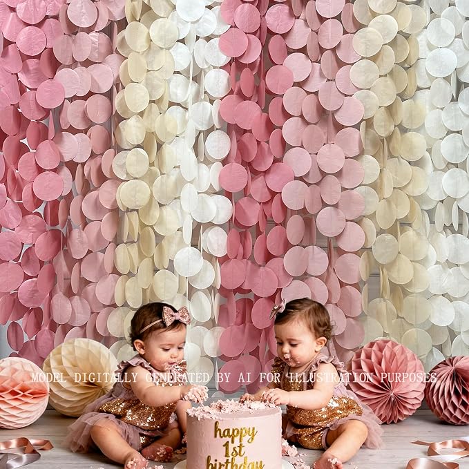 205 Ft Dusty Rose Pink Party Decorations Dusty Pink Khaki Beige Circle Dot Backdrop Garland Tissue Paper Polka Dots Hanging Streamer for Girl Baby Shower Birthday Wedding Bridal Shower Party Supplies