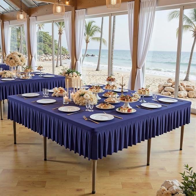 Wish Care Navy Blue Spandex Tablecloths for 60x60 Inch Square Tables, Stretch Fitted Table Clothes with Pleated Ruffle Skirt for 60” Table, Wrinkle Free and Elastic, for Party Kitchen Home Dining