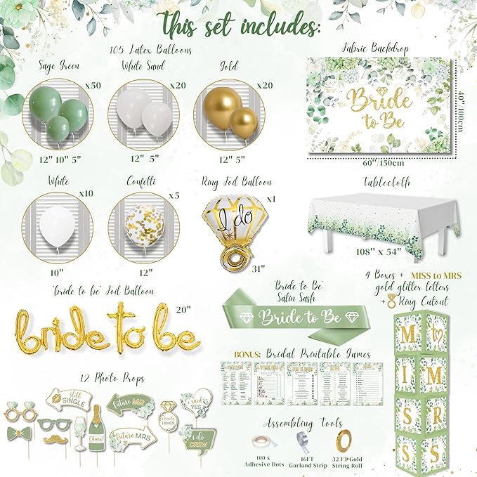 215 Pc Premium Bridal Shower Decorations Olive Sage Green - Bridal Shower Balloon Boxes with A-Z Letters & Bridal Balloon Arch Kit & Bride to Be Balloon for Bridal, Bachelorette, Engagement or Wedding