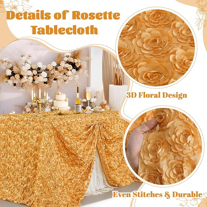 B-COOL Gold Rosette Tablecloth 3D Satin 60x102 Inch Rectangle Flower Table Cloths Overlay for Wedding Birthday Anniversary Party Outdoor Ceremony Floral Table Decorations
