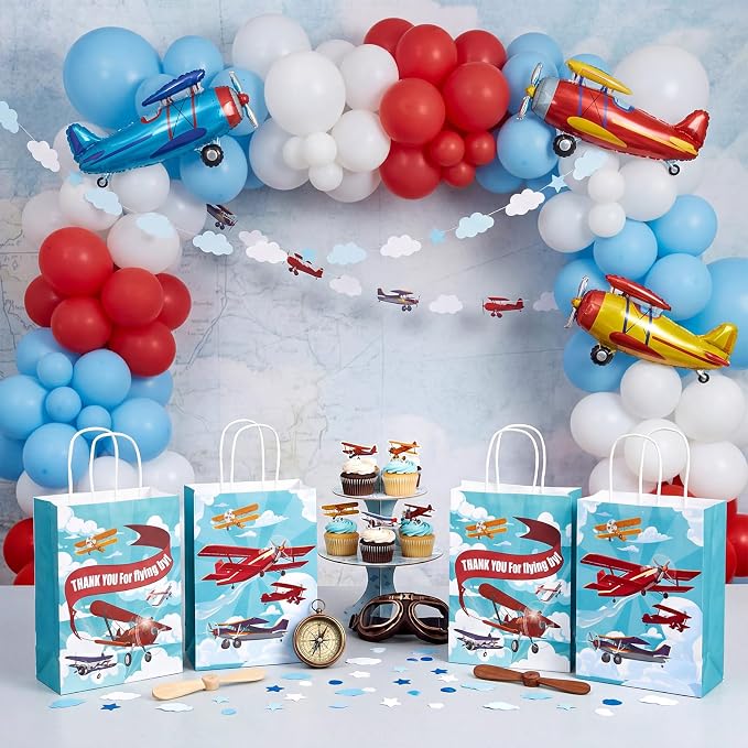 Outus 48 Pcs Airplane Party Favor Bags Paper Airplane Goodie Bags Plain Gift Pouch‌ Blue Aircraft Candy Treat Pouch‌ with Handles for Birthday Party Decorations Supplies