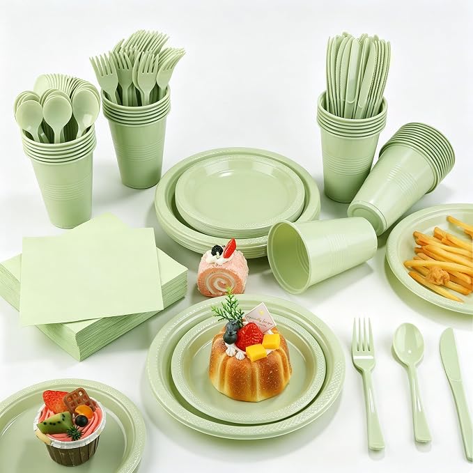 Kochorie 240 Pieces Sage Green Plastic Dinnerware Set Disposable Heavy Duty Plates Napkins Cups Silverware Dessert Dinner Plates for Birthday Wedding Baby Shower Party Supplies, Serves 30 Guests