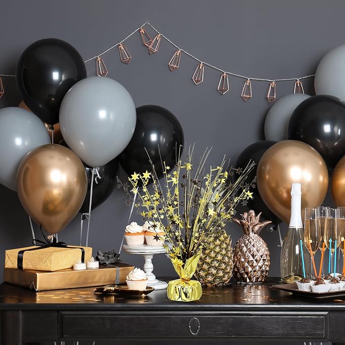 Crowye 6 Pcs Metallic Foil Spray Centerpiece Party Star Decoration Table Decor for Birthday Wedding Bachelorette Summer Party Holiday(Black Gold,Small Star)