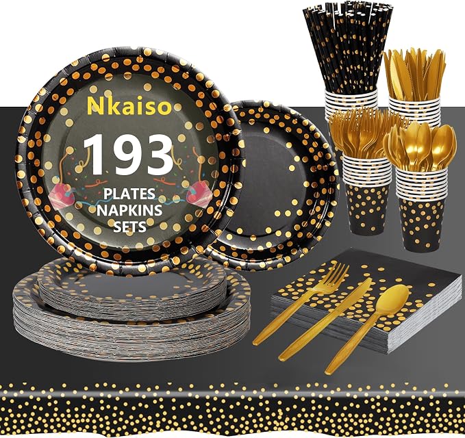 Nkaiso 193 Pcs Black Gold Paper Plates and Napkins Party Supplies Sets Include Black Party Plate Cup Napkin Plastic Cutlery for Baby Shower, Wedding, Birthday Decoration -24 Guest