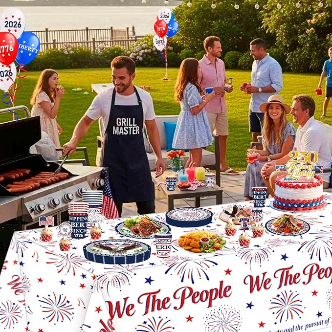 4th of July Party Supplies USA 250th Anniversary Patriotic Party Kit Include Plates Balloons Banner Tablecloth Cake Topper Napkins Cups Tableware, Serves 24