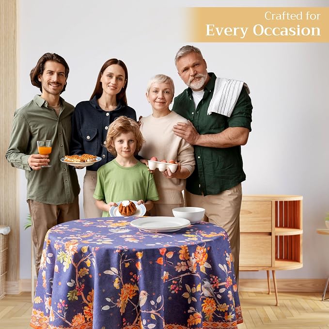 Maison d' Hermine Table Cloth Round Table 100% Cotton 63 Inches Fall Tablecloth Reusable Everyday Use for Thanksgiving Christmas Decorations Dining Farmhouse Party (Kelim - Infinity)