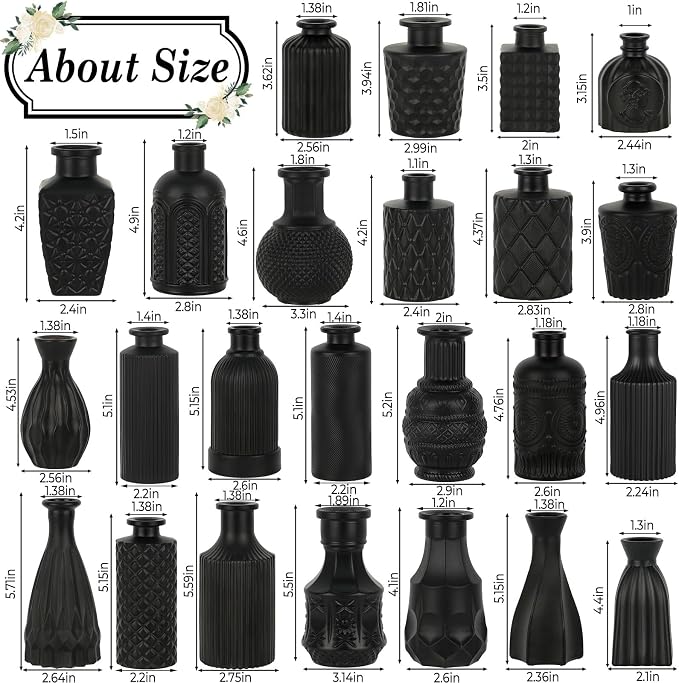 TBWIND 24PCS Black Glass Bud Vases Set, Small Vintage Flower Vases for Centerpieces, Mini Rustic Vases for Wedding Table Decor, Home, Shelves, Windowsills & Floral Arrangements
