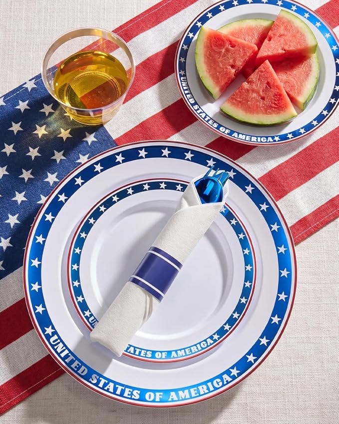 Goodluck 350 Piece 4th of July Blue Star Plastic Dinnerware Set for 50 Guests, Disposable Plates for Independence Day Supplies, Include: 100 Plates, 50 Pre Rolled Napkins with Silverware, 50 Cups