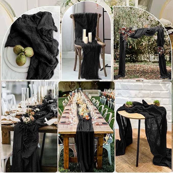6 Pcs Black Cheesecloth Table Runner 10FT, Gauze Table Runner for Wedding Reception Sheer Bridal Shower Birthday Party Boho Table Decoration, Rustic Romantic Wedding Runner