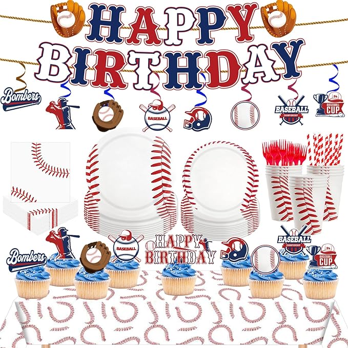 163pcs Baseball Party Supplies Set, Complete Decoration Kit with Plates, Napkins, Banner, Tablecloth, Cake Toppers for Birthday Party, Serves 24