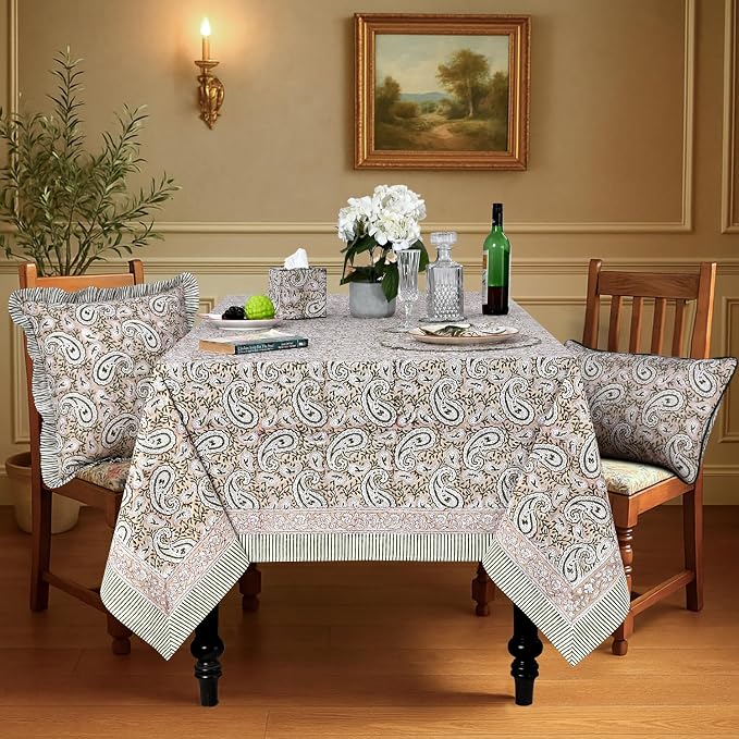 Ridhi Royal Beige Hand Block Print Cotton Rectangle Tablecloth 90" x 60" inches Reusable Table Cover Decorative Everyday Use for Dining Room, Farmhouse, Home Gift for Spring, Mother's Day