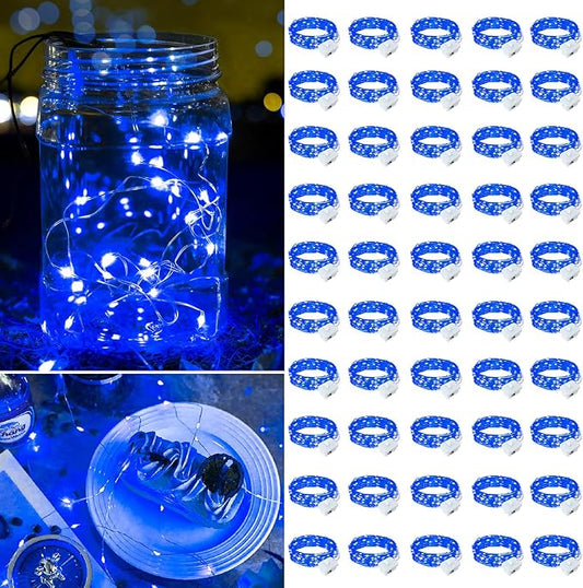 50 Pack Blue Fairy Lights Battery Operated, 7ft 20 LED Mini String Twinkle Lights for Easter Christmas Halloween Mason Jars Centerpiece Table Decorations (50, Blue)