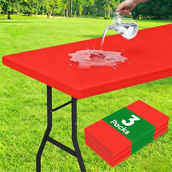 Smiry 3 Pack Rectangle Table Cloth, Elastic Fitted Flannel Backed Vinyl Tablecloths for 6ft Folding Tables, Waterproof Wipeable Table Covers for Indoor, Outdoor, Camping and Picnic (Red, 30"x72")