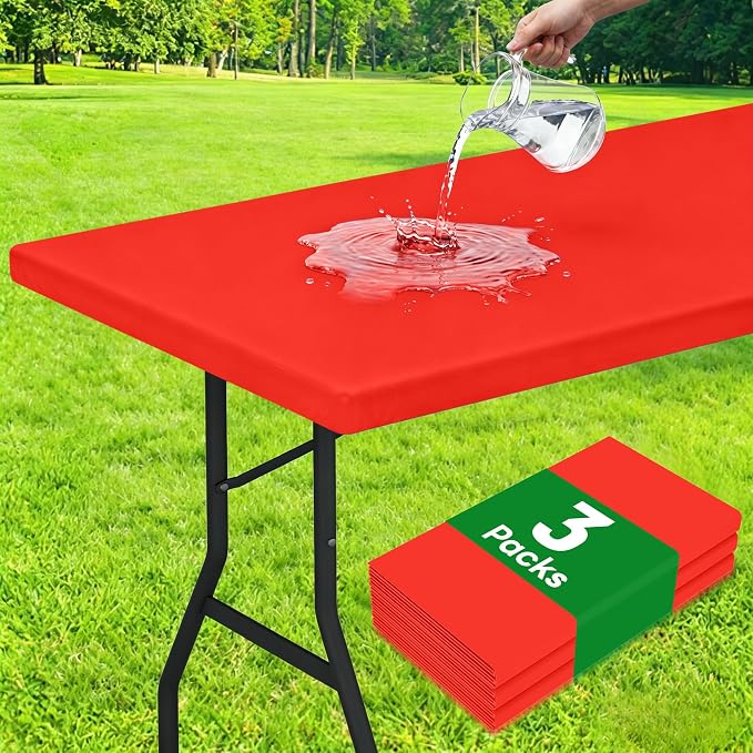 Smiry 3 Pack Rectangle Table Cloth, Elastic Fitted Flannel Backed Vinyl Tablecloths for 4ft Folding Tables, Waterproof Wipeable Table Covers for Indoor, Outdoor, Camping and Picnic (Red, 30"x48")