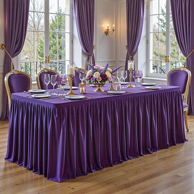PARTISKY 1 Pack Purple Tablecloths for Rectangle Tables 6ft, Wrinkle Resistant Spandex Table Cover Fitted Stretch Table Cloth with Pleated Ruffle Skirts for Party Banquet Dining Birthday Wedding