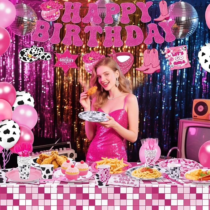 147pcs Cowgirl Birthday Party Decorations, Disco Cowgirl Party Decorations Includes Banner, Garland, Plates, Napkins, Cups, Forks, Tablecloths and Balloons for Western Cowgirl Party (Serves 24)