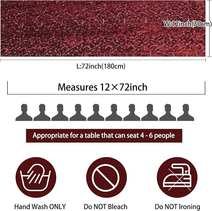 12 Packs Sequin Table Runner Glitter Dining Table Runner for Birthday Wedding Engagement Bridal Baby Shower Bachelorette Holiday Celebration Party Supplies Decorations (12" x 72", Burgundy)