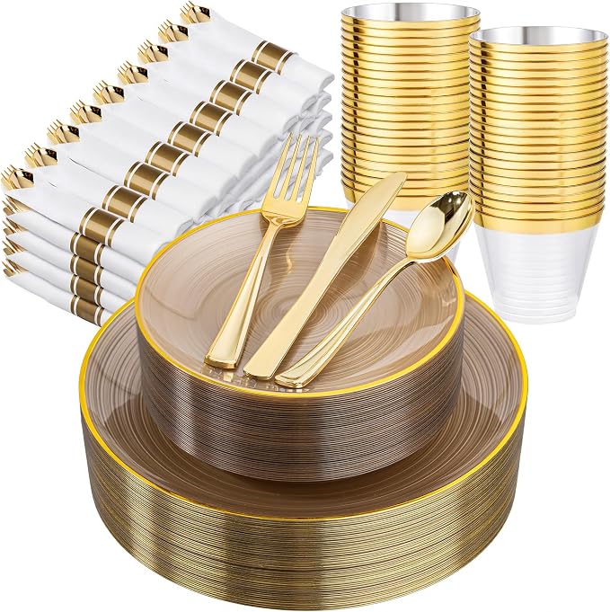 Morejoy 175PCS Clear Brown Plastic Plates - Disposable Gold Party Plates & Pre Rolled Napkins with Cutlery for 25 Guests, 50Plates, 75Silverware, 25Cups, 25Napkin for Wedding & Party