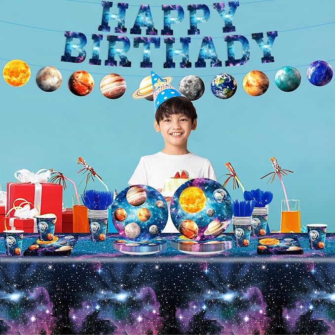 170pcs Outer Space Birthday Party Decorations Space Party Plates Napkins Tableware Set Solar System Disposable Cups Dinnerware Happy Birthday Banner Tablecloth for Kids Boys Party Supplies 24 Guests