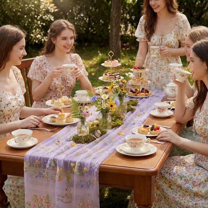 Purple Floral Table Runner 10ft Embroidery Tulle Spring Wildflower Gauze Table Runner Seasonal Summer Butterfly Kitchen Dining Decoration for Wedding Baby Shower Birthday Party (6 Pcs)