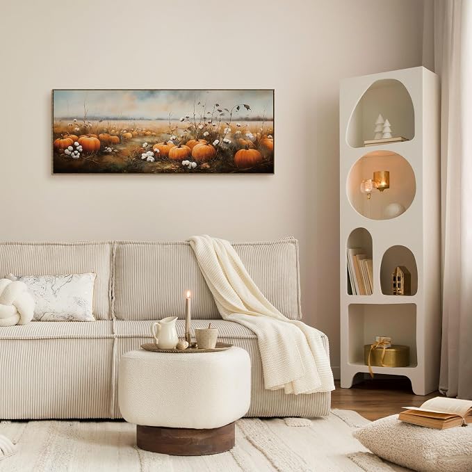 TLESKE Vintage Fall Pumpkin Farmhouse Large Wall Art Decor Framed 15x40 | Autumn Pumpkin Field Landscape Canvas Wall Art Print for Bedroom Living Room, Rustic Farm Harvest Wall Artwork Picture