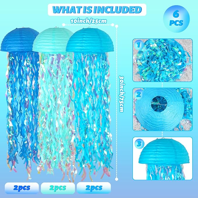 10" Jellyfish Paper Lanterns Lamps - Gradient Blue Under the Sea Party Decorations for Mermaid Theme Birthday, Beach Baby Shower, Pre-Assembled Classroom & Ocean Decor, 6 PCS