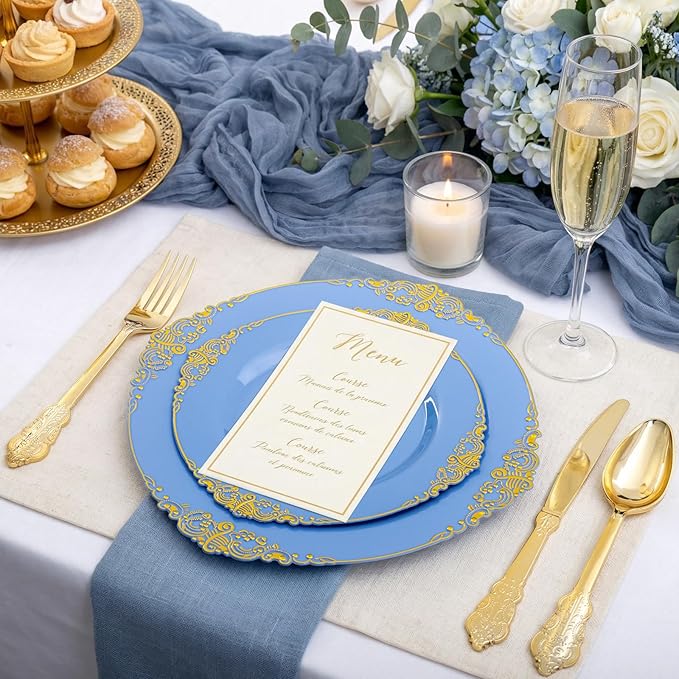 125PCS Blue and Gold Plastic Plates - Airy Blue Disposable Plate - Gorgeous Plates with Gold Plastic Silverware Sets for 25 Guests for Party & Wedding & Spring