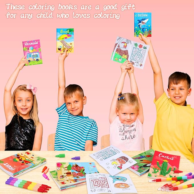 BenLouis 24 Summer Mini Coloring Books Kids with 24 Stacking Crayons Beach Pool Party Favors Activity Books Bulk for Kids Summer Birthday Goodie Bag Gift Stuffer Classroom Reward