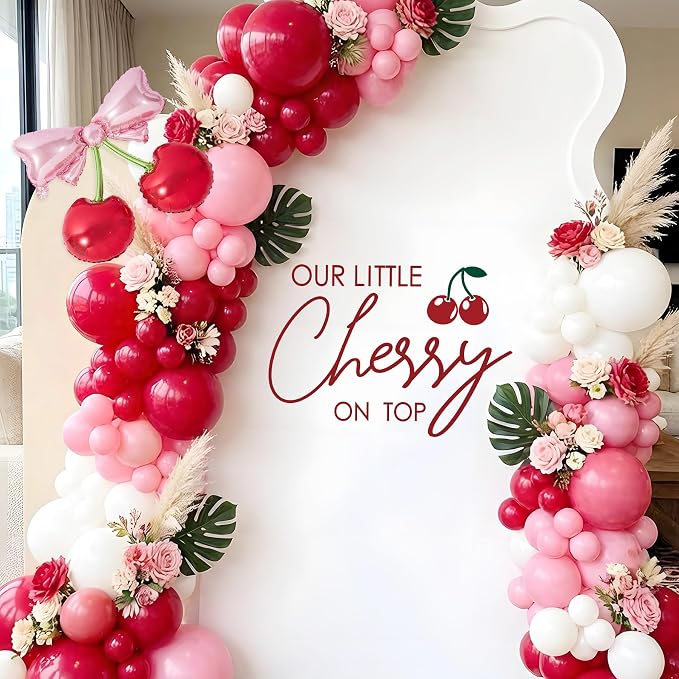 Cherry On Top Baby Shower Decorations - Our Little Cherry On Top Sign Decal for Backdrop Balloons Arch, Red Fruit Birthday Decorations for Girl, One Year Old Wall Decor, 1st Party Banner Supplies