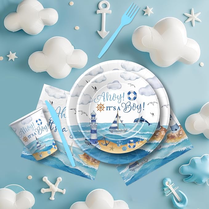Ahoy Its A Boy Baby Shower Decorations Tableware - Nautical Baby Boy Decorations, Plate, Cup, Napkin, Disposable Cutlery, Anchor Nautical Party Supplies For Sailor Boat Baby Shower | 24 Guest