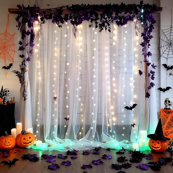 10x10ft White Tulle Backdrop Curtain with Lights String for Parites, Sheer Photo Backdrop Drapes with Lights for Wedding Ceremony Reception Baby Shower Bridal Shower Birthday Party Decorations
