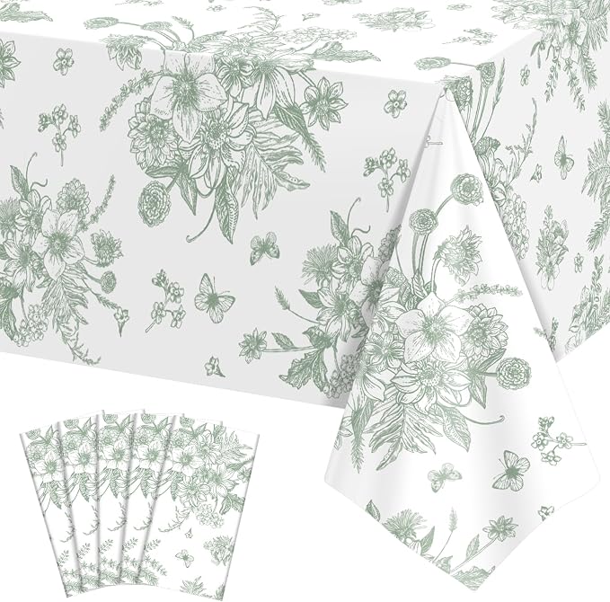 6 Pack Sage Green Floral Plastic Tablecloths, 54 X 108Inch Tea Party Tablecloth Disposable Table Cloths Green and White Porcelain Tables Decor for Garden Wedding Tea Party Birthday Baby Bridal Shower