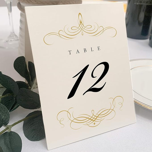 Decadent Flourish Wedding Table Numbers (Select Color/Quantity), Champagne, Gold, 1-70, Double Sided, Tent or Use in a Stand, Great for Parties & Restaurants - Made in the USA