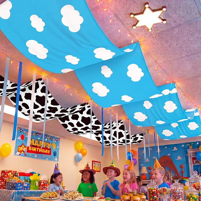 Feifeiya 3 Pcs 36 ft Cartoon Story Party Decorations Cartoon Story Classroom Celling Banner with Cow Blue Sky White Clouds Print for First Day Back to School Classroom Birthday VBS School Decorations