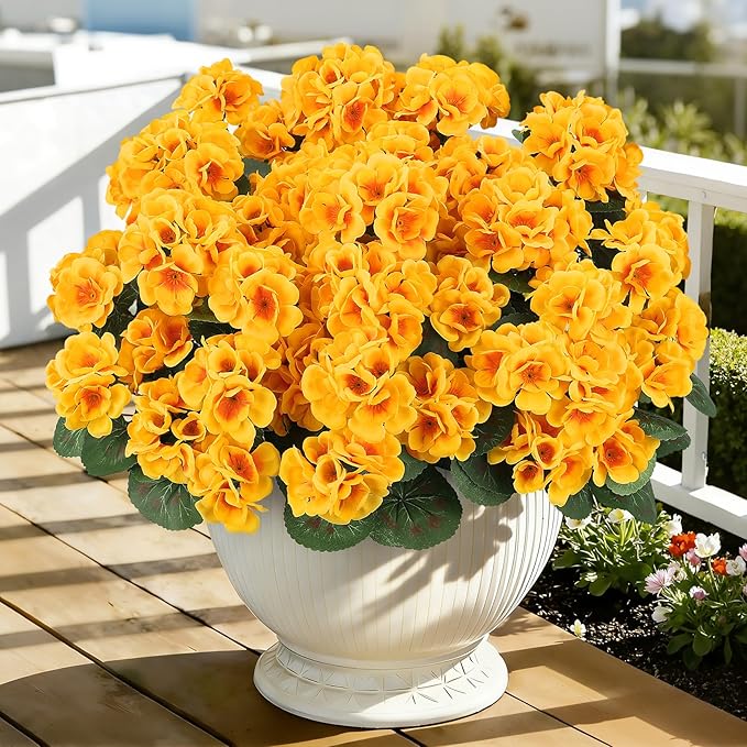Ouddy Decor Artificial Geranium Flowers for Outdoors, Fake Silk Flowers UV Resistant Faux Geraniums for Vase Planter Garden Patio Balcony Porch Indoor Outdoor Spring Summer Home Decor, 6 Pcs Yellow