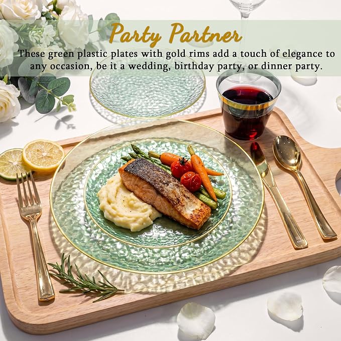 175PCS Green Plastic Plates for 25 Guests, Disposable Plates for Party, Heavy Duty Disposable Plate Set Include: 25 Dinner Plates, 25 Dessert Plates, 25 Cups and Cutlery for Wedding & Party