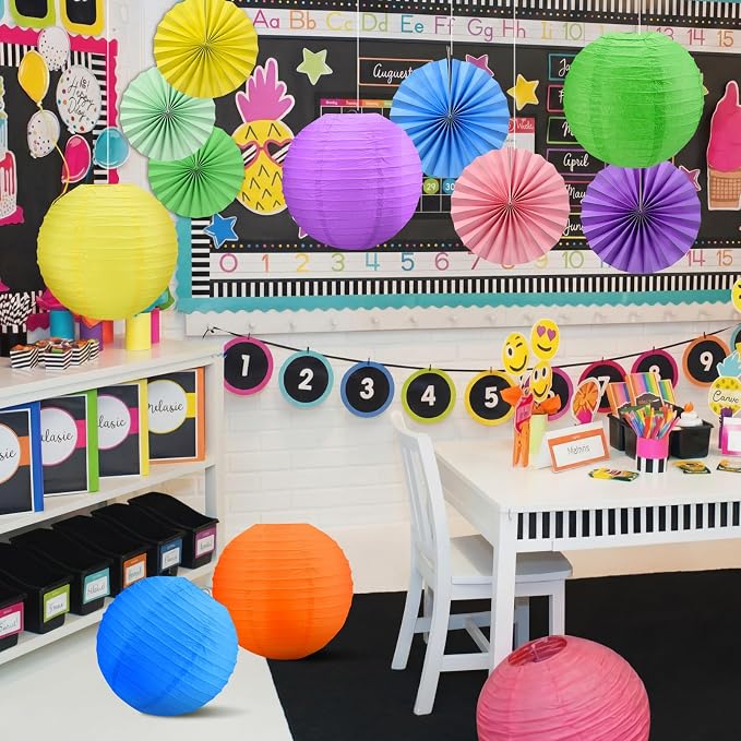 Flutesan 12 Pcs Illumination Neon Decorations for VBS Classroom Hanging Decor Neon Paper Lanterns and Paper Fans for Back to School Party Classroom Office Ceilings Decor Supplies