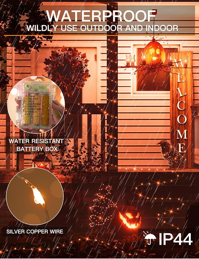 suddus Halloween Lights Battery Operated, 33ft 100 LED Orange String Lights for Outside Decorations Waterproof, Fairy Lights with Timer and Remote for Party, Yard, Outdoor, Tree, Wedding, Rroom Decor
