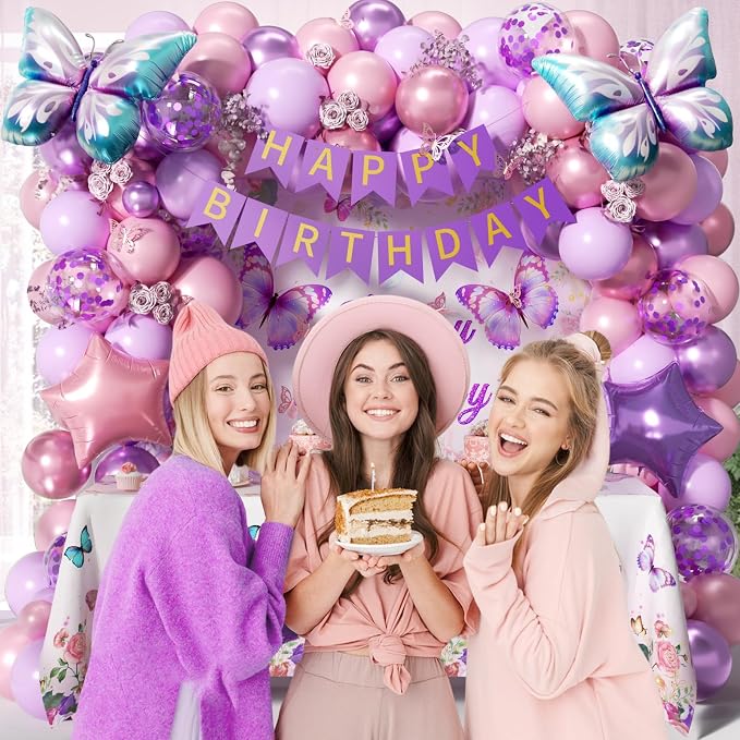 Pink and Purple Butterfly Birthday Decorations with Pastel Purple Pearl Pink Confetti Foil Balloons Tablecloth Backdrop Banner for Butterfly Birthday Party Decorations for Women