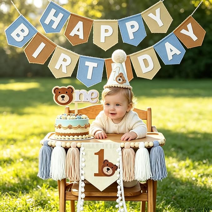Bear 1st Birthday Decorations For Boy Girl Neutral High Chair Banner Set with Birthday Felt Banner Cake Topper Party Hat for baby first birthday