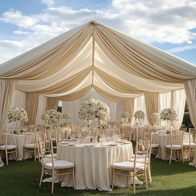 8 Panels 5x20ft Beige Ceiling Drapes for Wedding Parties, Wrinkle Free Thick Polyester 20ft Extra Long Wedding Draping Beige Ceiling Curtains Arch Drapery for Birthday Party Canopy Tent Decor