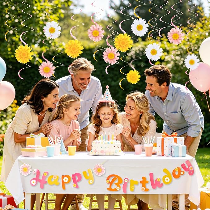 SUNBEAUTY Daisy Groovy Party Decoration Boho Happy Birthday Banner Daisy Paper Hanging Swirls Flower Birthday for Women Birthday Classroom Office Boho Hippie Retro Birthday Baby Shower Party Supplies