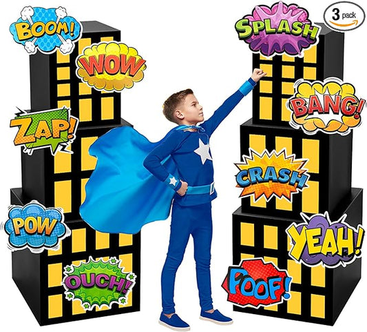 16 PCS Super Theme Hero Party Decorations Background Skyscraper Birthday Decor Boxes Photography Backdrop Include 6 Skyscraper Boxes 10 Stickers for Super Theme Party (Hero 16 Pcs)